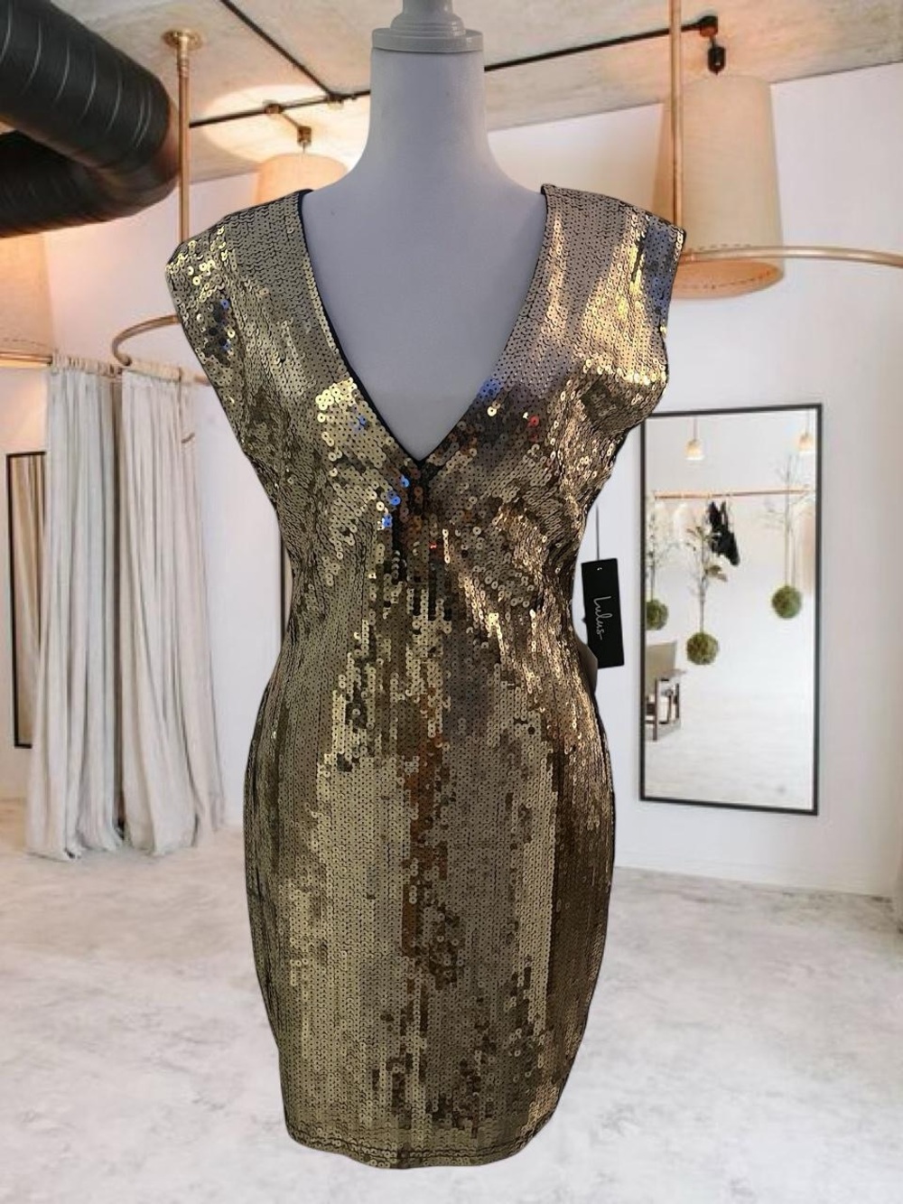 Lulu's Gold Sequin V-Neck Mini Dress